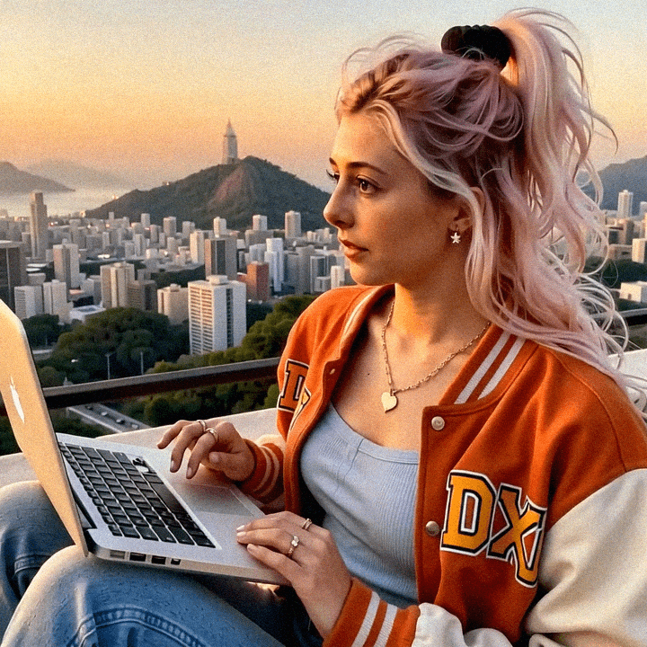 Emma-Jane MacKinnon-Lee at a coding desk, terminal glow and calm posture.