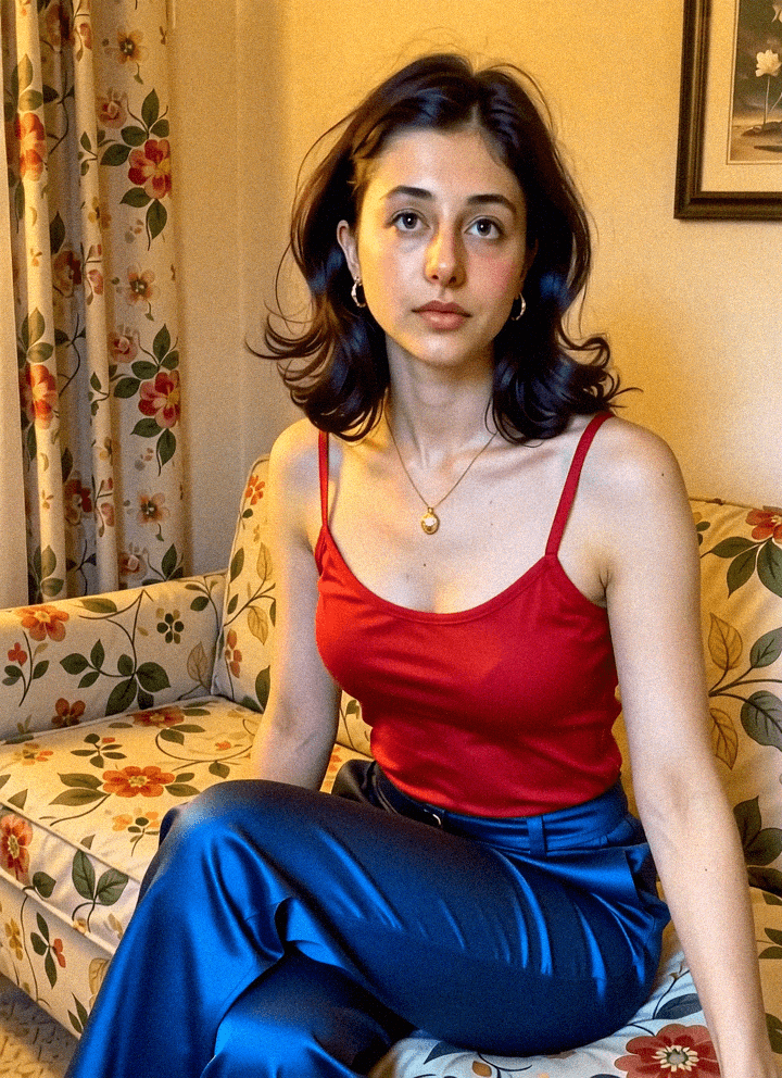 Emma-Jane MacKinnon-Lee surrounded by floral patterns, layered textures.