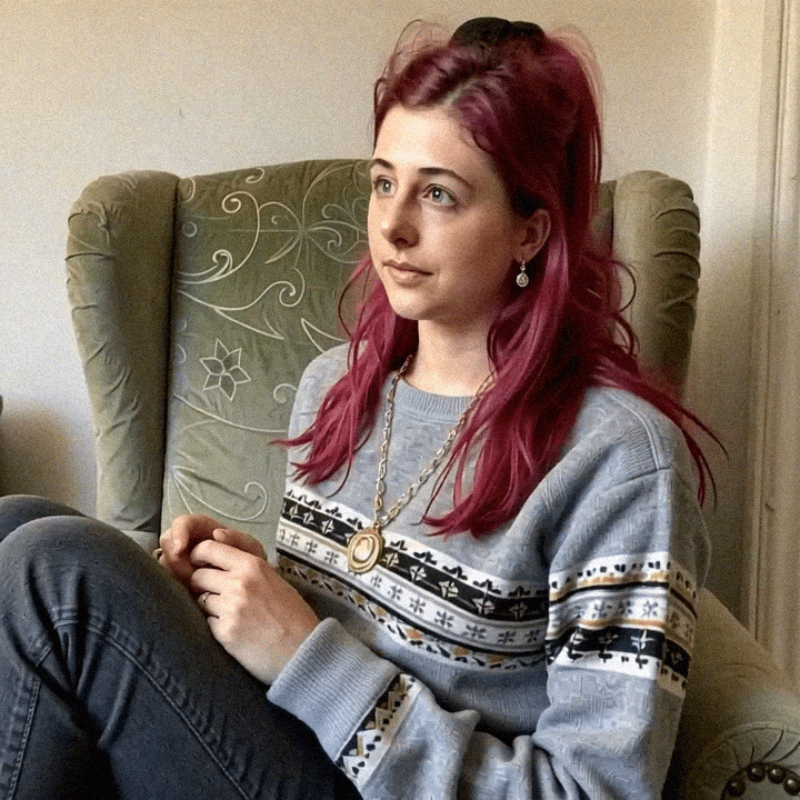 Emma-Jane MacKinnon-Lee in a lost moment, reflective and still.