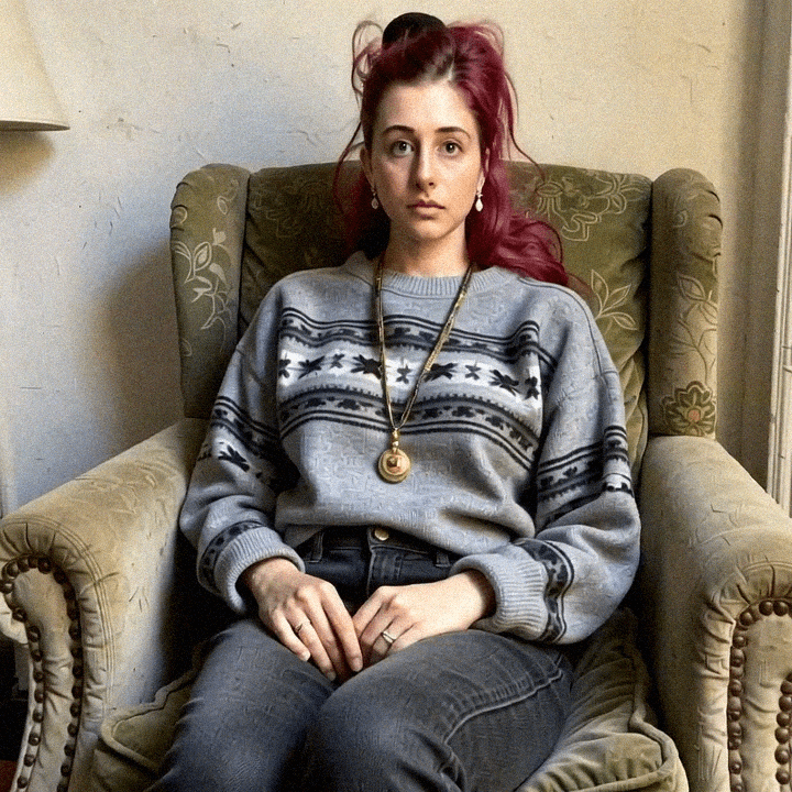 Emma-Jane MacKinnon-Lee sitting in winter light, muted tones.